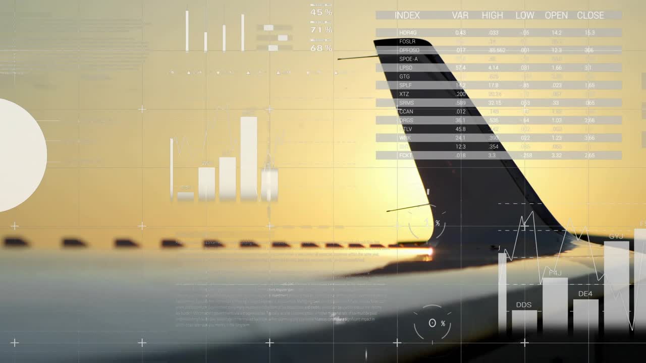 Sunset tail fin against sky while UI overlay fading in and pie charts spinning displaying data