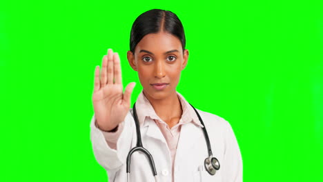Woman,-doctor-and-stop-hand-by-green-screen