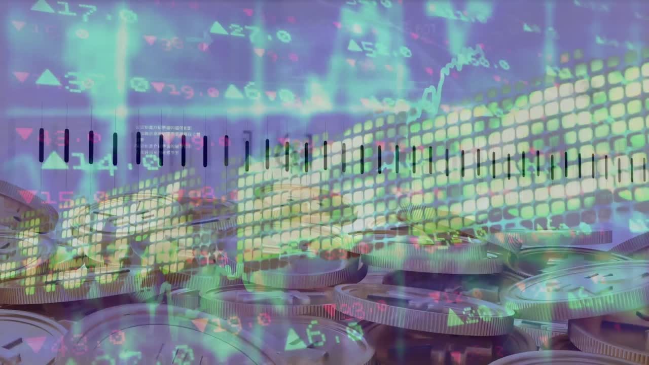 엔 기호가 있는 동전 위의 금융 데이터 처리의 애니메이션