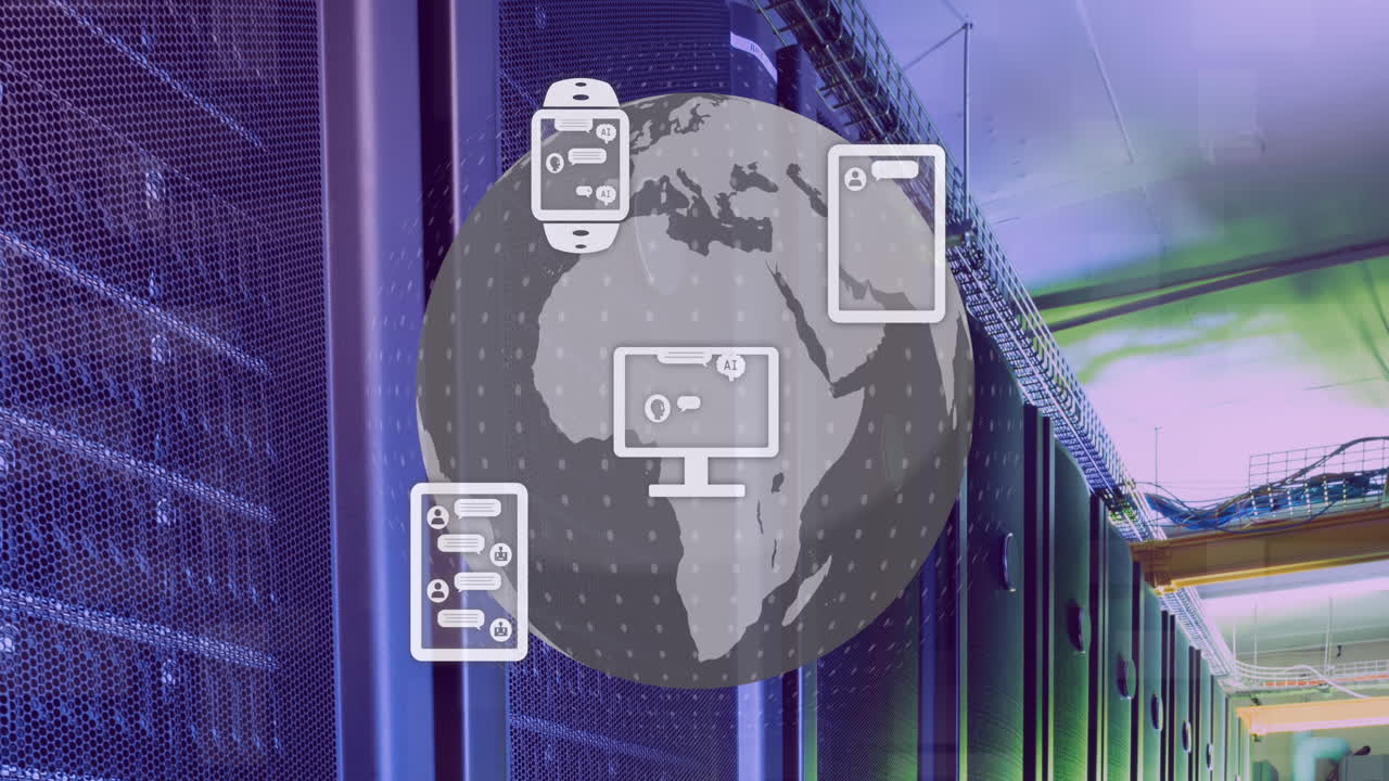 animación de los iconos de comunicación y el globo sobre la sala del servidor de computadora