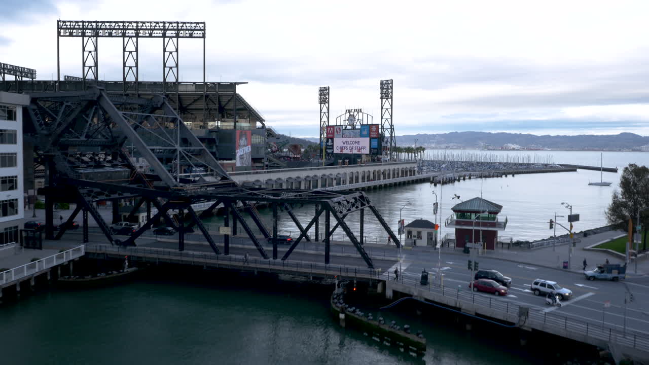 Panoramic view of Oracle Park and McCovey Cove Bridge in San Francisco