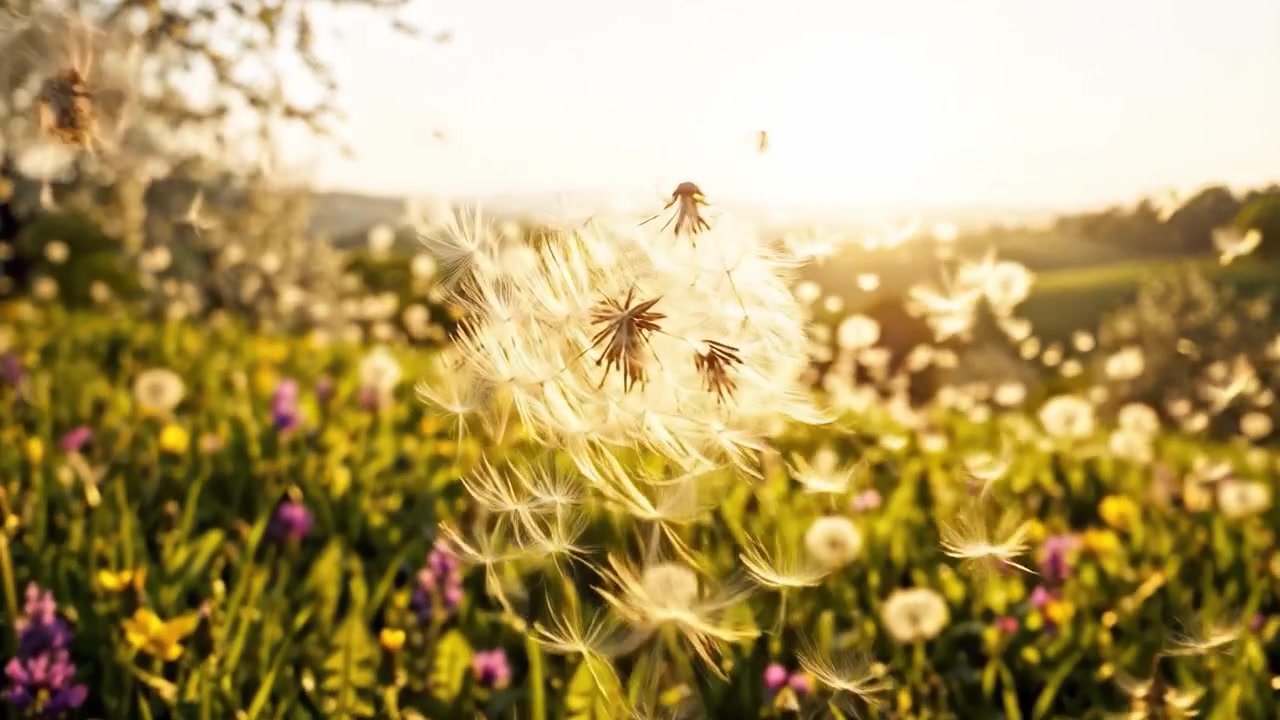 A Serene Sunset Over a Blooming Meadow Filled with Wildflowers and Dandelions, Illuminated by the Warm Glow of the Setting Sun in a Peaceful Landscape