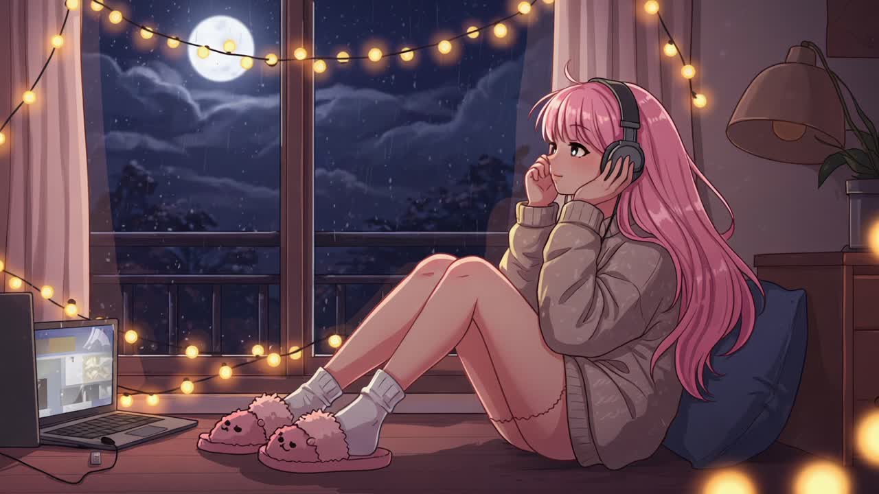 A Cozy Night In: A Young Girl with Pink Hair Enjoys Music Under a Full Moon, Surrounded by Warm Lights and a Comfortable Setting
