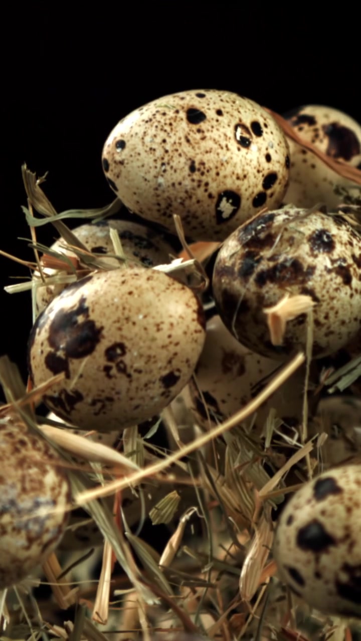 Vaktel-egg og høy som flyter oppover i sakte film.