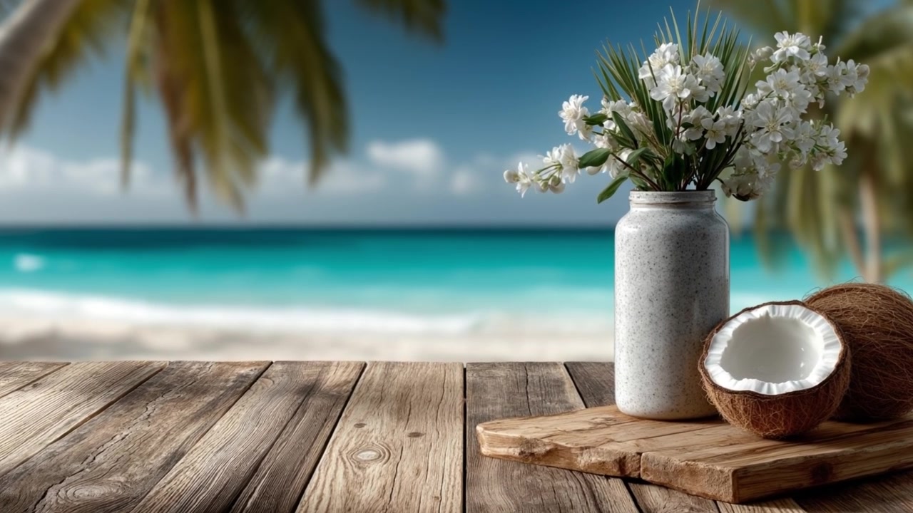 Tropical beach scene with a wooden table holding a vase of white flowers and a cracked coconut