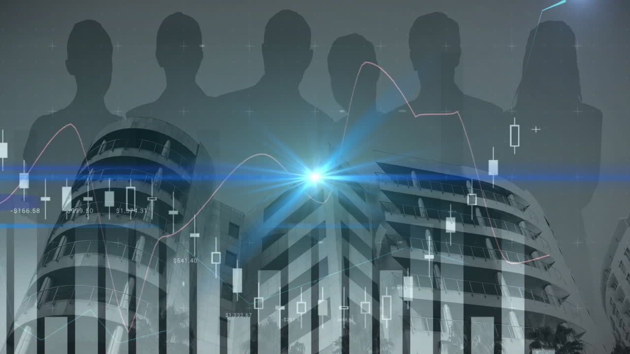 기업인 및 도시 풍경에 대한 통계 및 금융 데이터 처리의 애니메이션