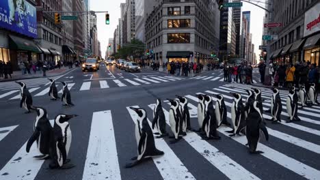 waddling penguins navigating urban crosswalk, creating unexpected surreal scene amid bustling city landscape with architectural backdrop and pedestrian infrastructure