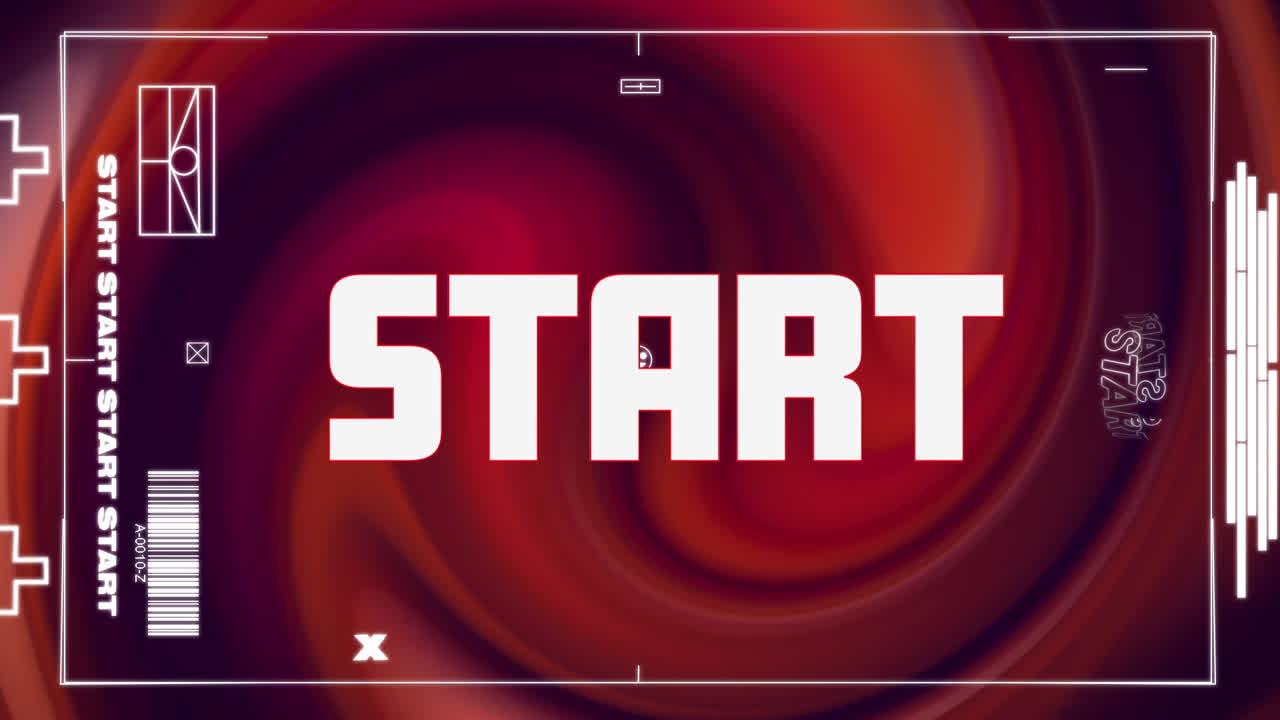 Animation of start text in white with frame, barcode and smiley face over red swirl