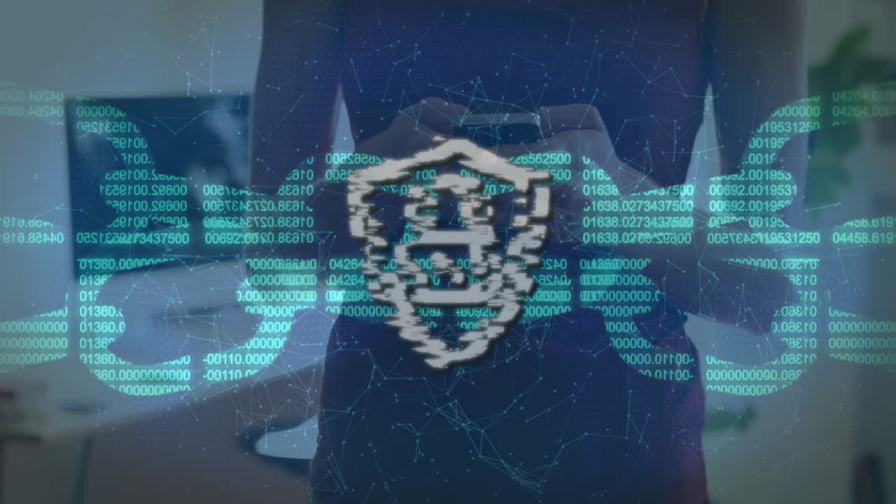 스마트폰을 사용하는 백인 여성 위의  ⁇ 락 아이콘의 애니메이션