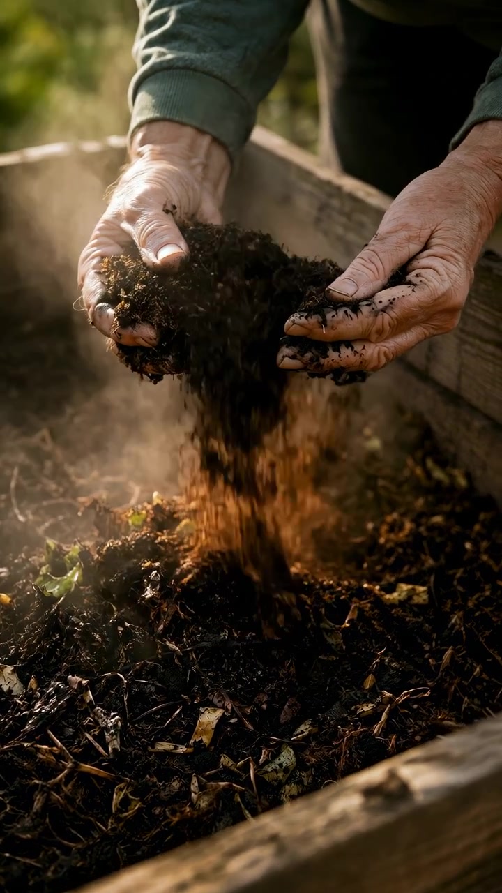 Primer plano muestra manos curtidas tamizando compost oscuro en un bancal elevado de madera, con tierra desmenuzable cayendo, partículas finas flotando y material orgánico fresco asentándose alrededor de la siembra del jardín.