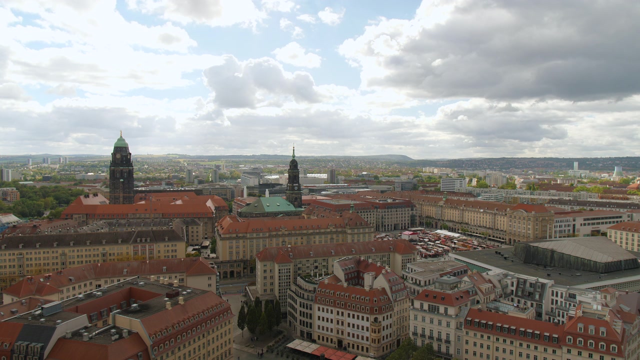 Dresden Kreuzkirche, marketplace, church, Germany Aerial View from the top of Frauenkirche cloudy sky with Historic Architecture