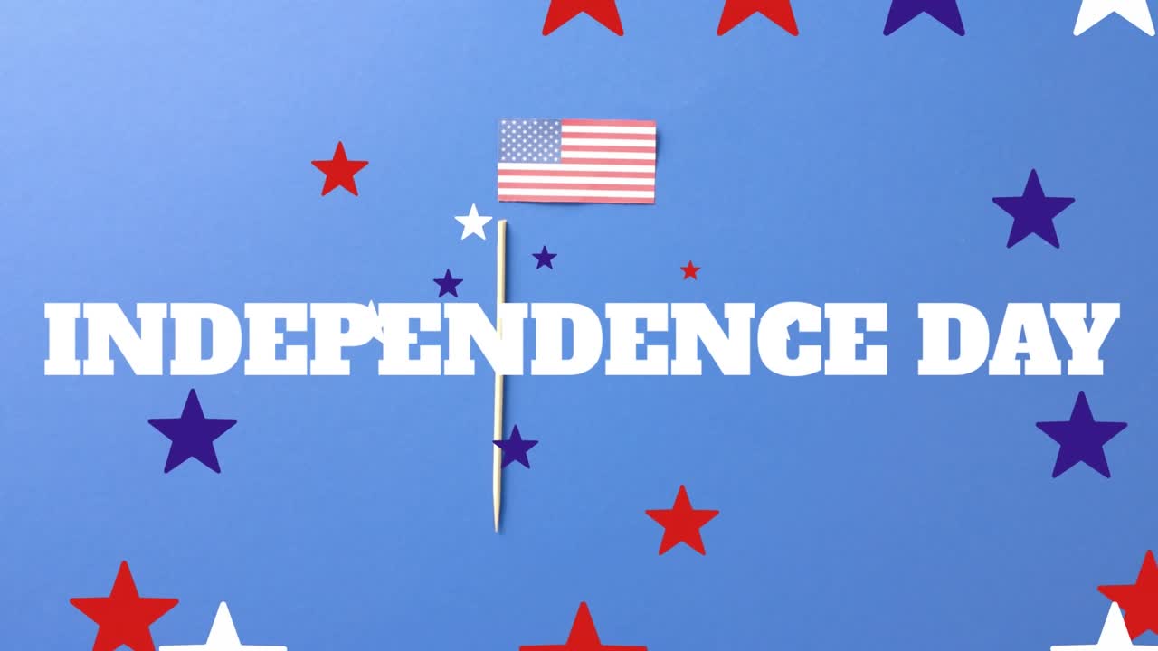 Animation of independence day text and flag of america, colourful stars moving on blue background