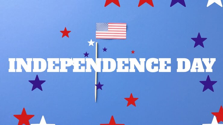 Animation of independence day text and flag of america, colourful stars moving on blue background
