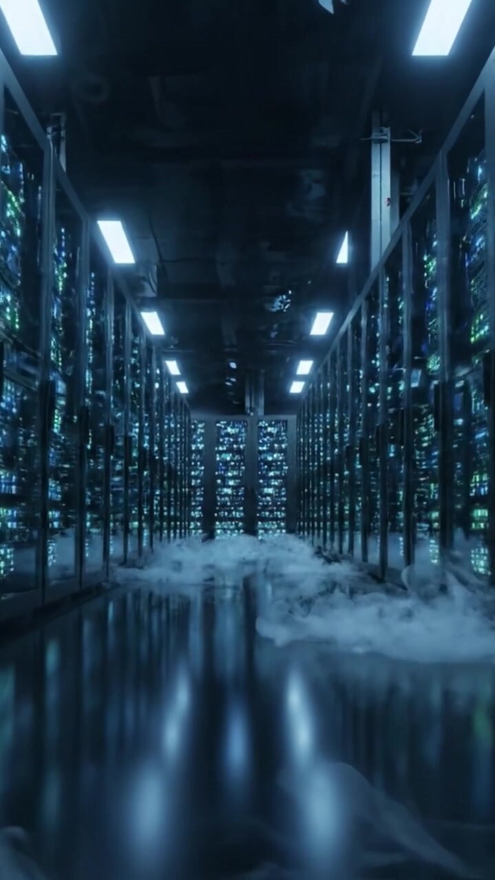 Dark Server Room with Illuminated Racks and Low Fog: A Futuristic Data Center Scene Capturing the Heart of Modern Technology and Digital Infrastructure