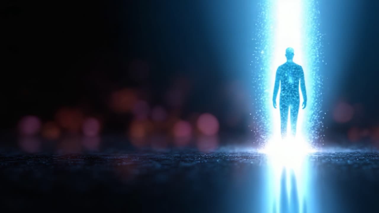 A mysterious silhouette emerges from a radiant light, surrounded by sparkling particles and vibrant colors, symbolizing transformation and ethereal presence