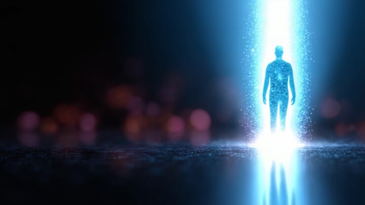 A mysterious silhouette emerges from a radiant light, surrounded by sparkling particles and vibrant colors, symbolizing transformation and ethereal presence