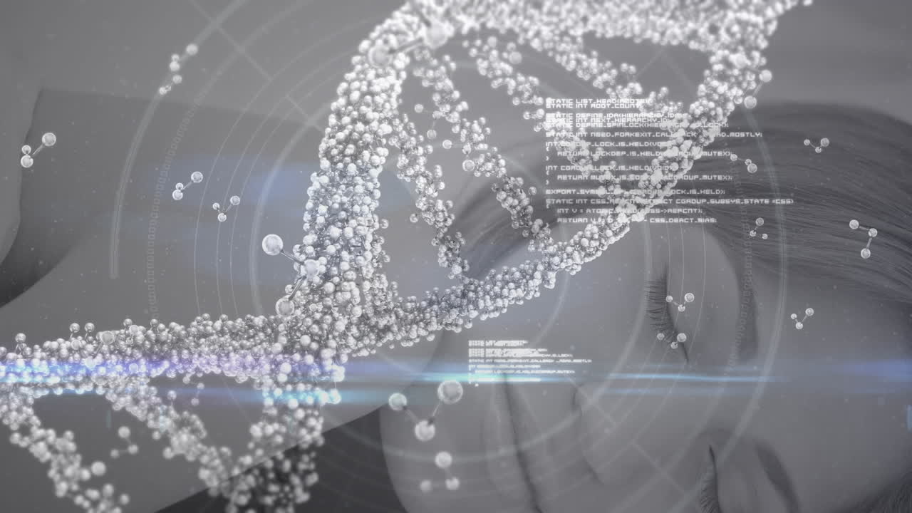 색 여성이 누워있는 애니메이션, 떠다니는 뉴클레오티드, dna 나선, 분자 세포