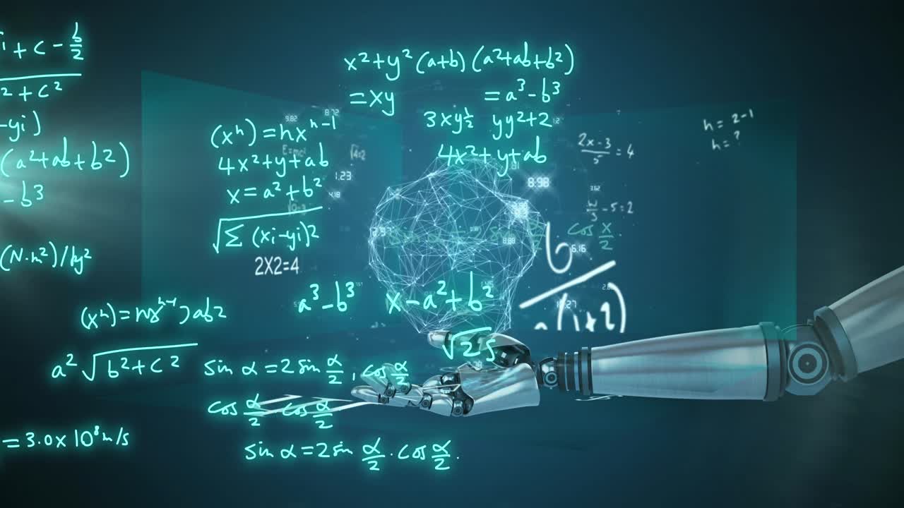 Animation of robot's arm, mathematical formulae and scientific data processing over grey background