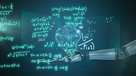 Animation of robot&#039;s arm, mathematical formulae and scientific data processing over grey background