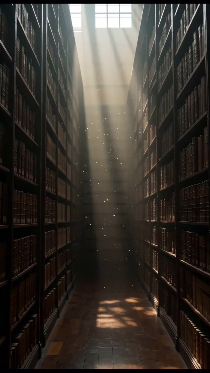 日光が差し込む図書館の通路、光の筋の中を舞う埃、高い木製の棚、暖かな床の斑点、ヴィンテージな雰囲気。