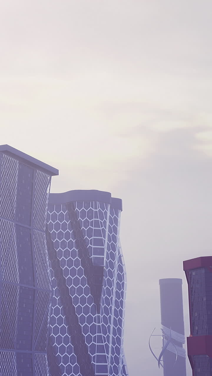 Edifícios com designs únicos sob um céu nublado.