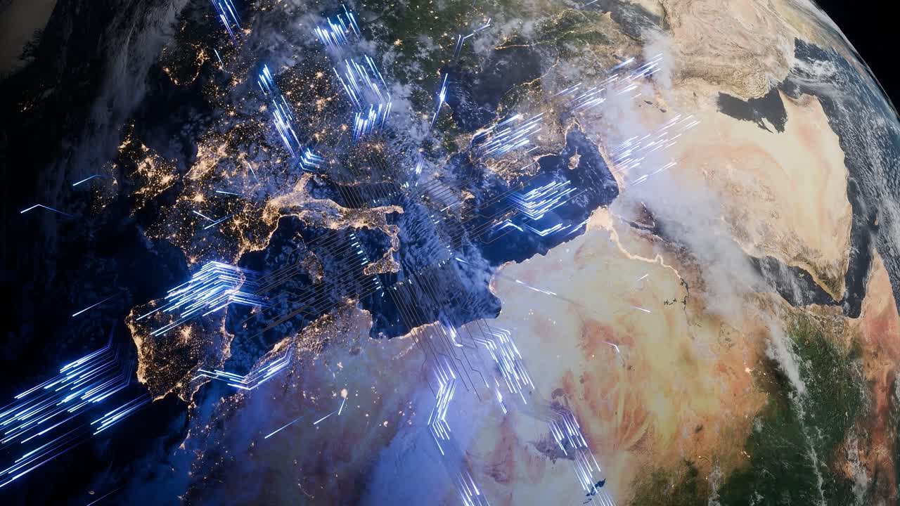 Planet Earth with visible Southern Europe, North Africa and the Middle East at night and glowing blue digital circuit arrows. 3D render representing global data transmission, cyber