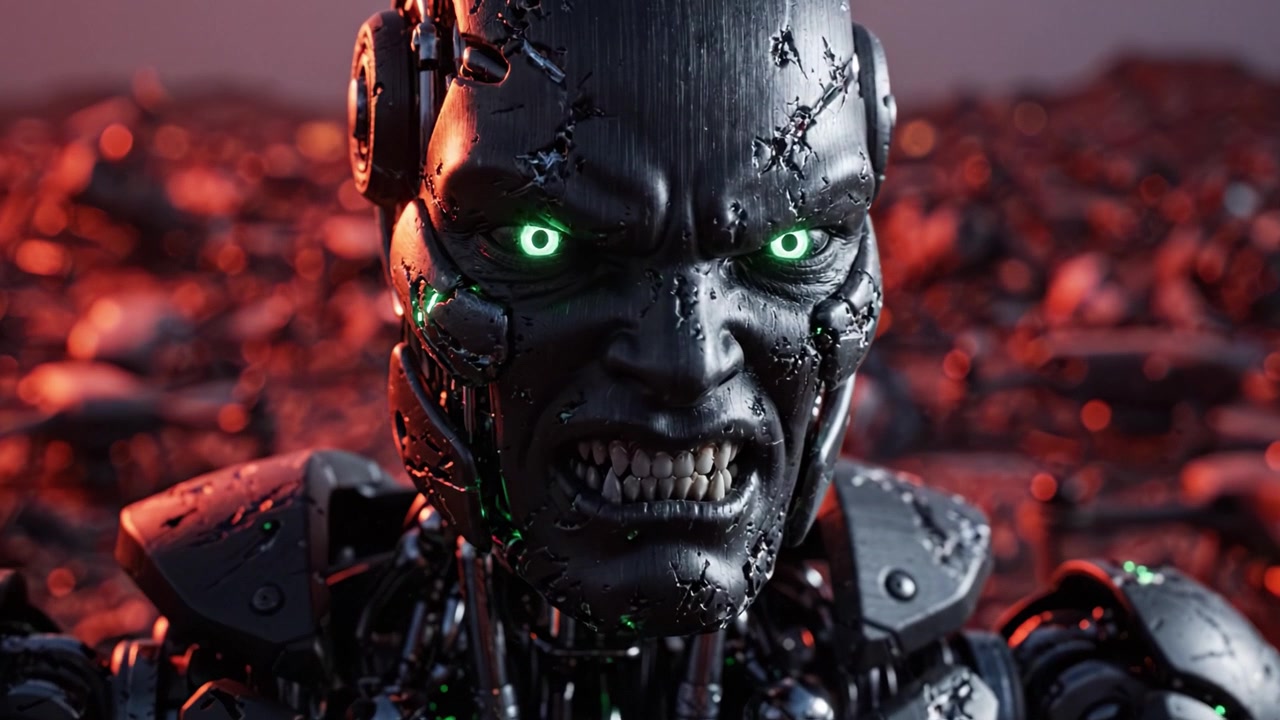 Un'imponente figura robotica emerge da un mare di detriti meccanici, mettendo in mostra dettagli intricati e occhi verdi luminosi in un paesaggio distopico e futuristico.