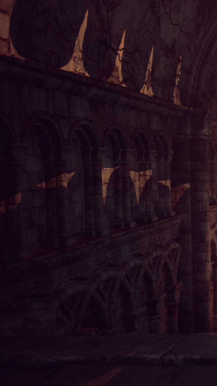 Shadows cast on stone arches in a historic setting during evening light