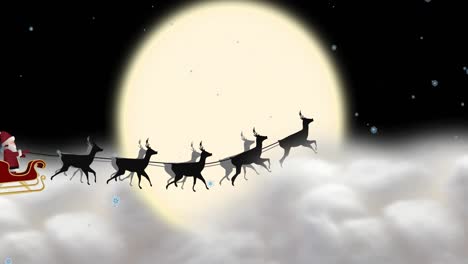 animation of santa claus in sleigh with reindeer moving over clouds and moon