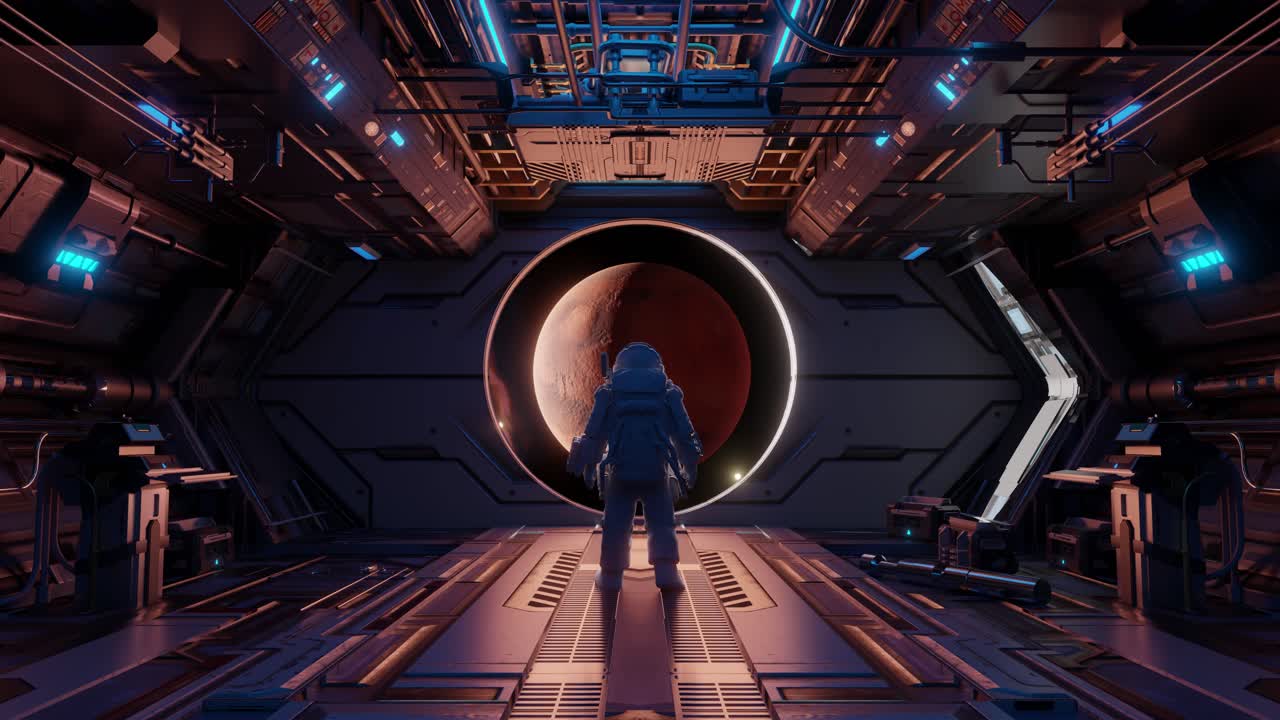 Astronaut walking in spaceship corridor towards red planet