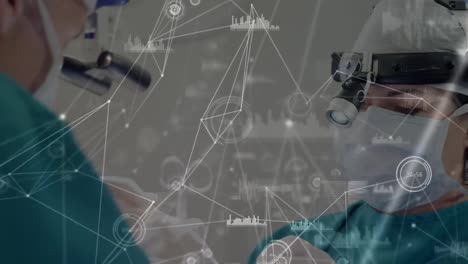 animation of network of connections over two caucasian surgeons in operating theater