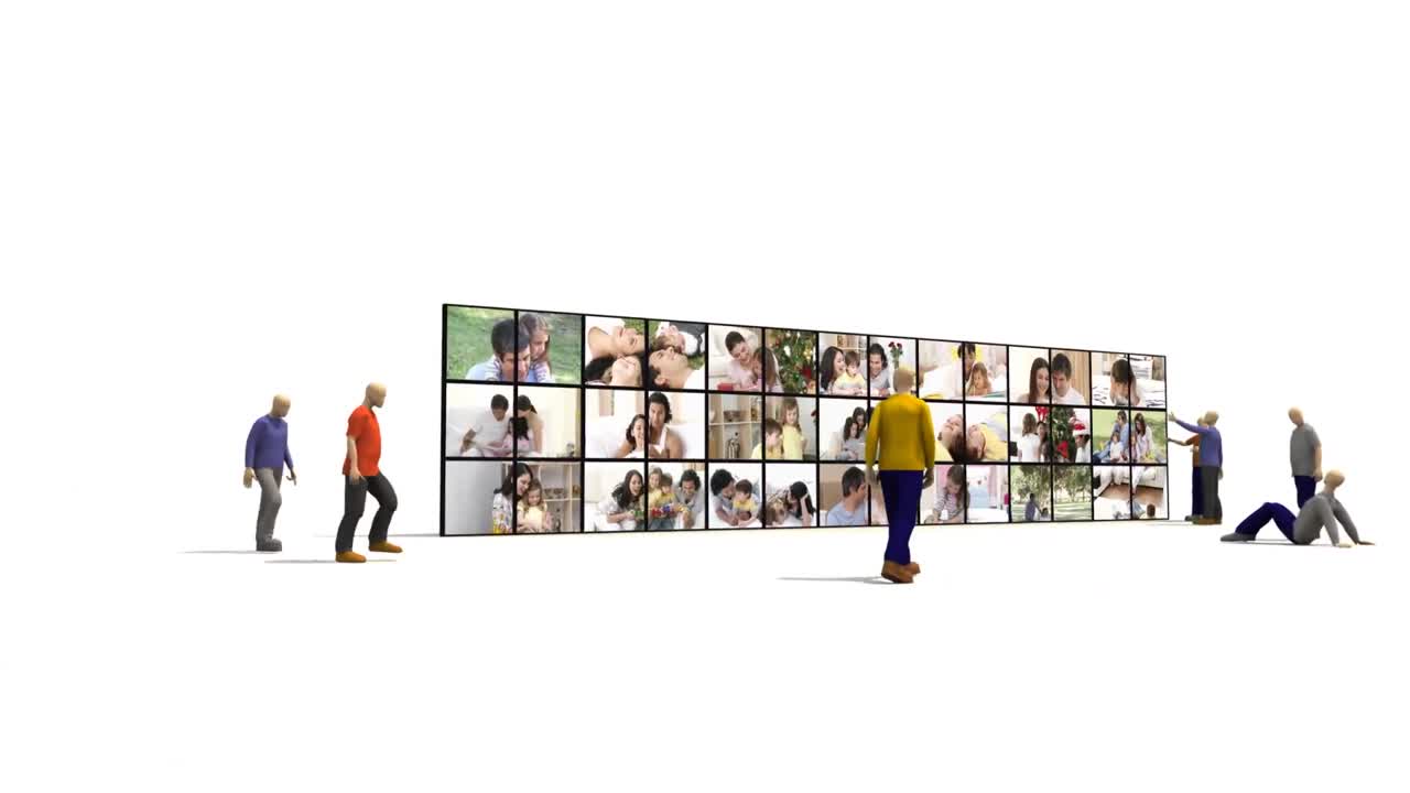 3D characters looking families through a big screen