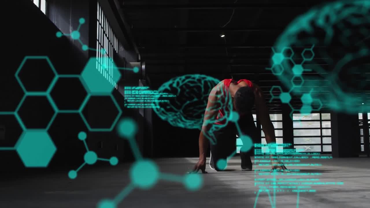 animación de estadísticas y gráficos sobre el hombre corriendo en un edificio abandonado