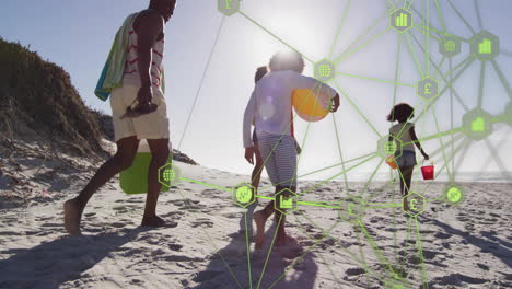 network of connections and data processing animation over people walking on beach