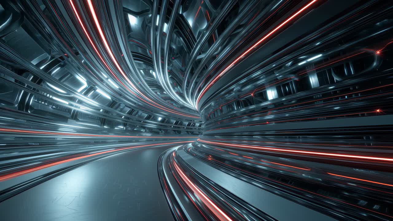 Tunnel metallico futuristico con scie luminose
