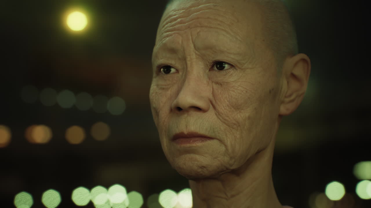 밤에 도시에 있는  ⁇ 은 아시아 여인