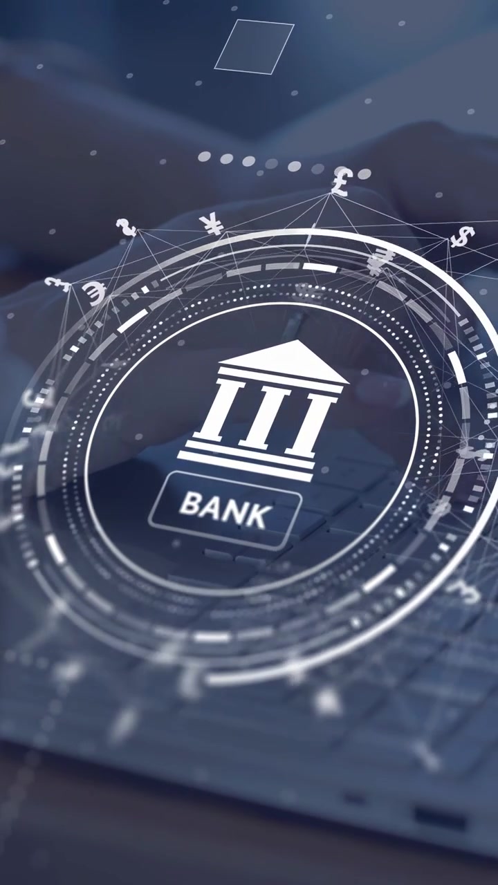 Vertical video: Tablet powering banking HUD, animating rings and linking currency nodes for banking