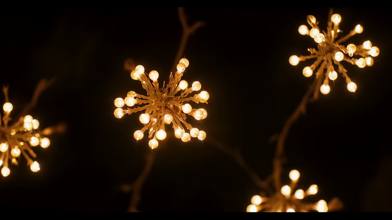 Shining central starburst LEDs shifting from focus shift over dark room warm bulbs creating shimmer