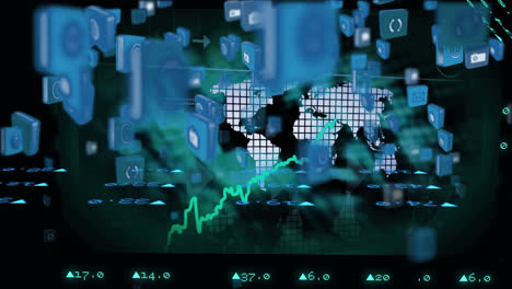 iconos y símbolos de internet en un mapa del mundo
