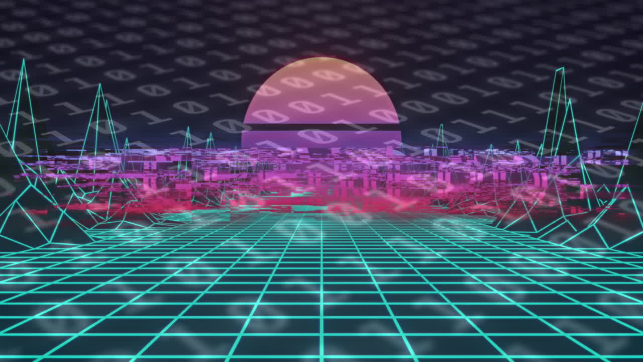 다채로운 그리드와 디지털 지형 위에 준비된 텍스트의 애니메이션