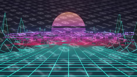 animación del texto listo sobre una cuadrícula colorida y un terreno digital