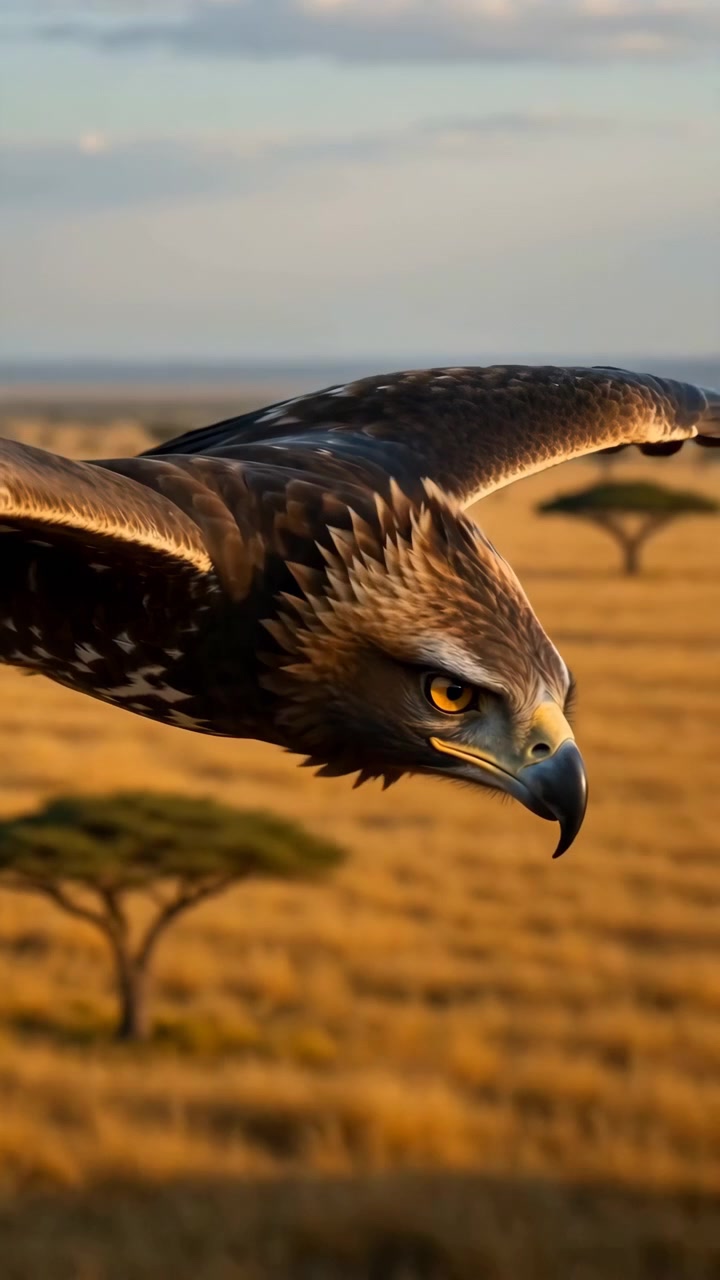 aquila reale che plana con grazia su un tranquillo paesaggio di savana, caratterizzato da alberi di acacia e vaste praterie aperte. questa vista aerea mozzafiato mette in mostra la bellezza selvaggia e serena