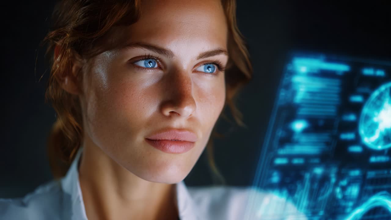 A focused young professional woman analyzing digital data with a futuristic interface, showcasing her determination and intelligence in a high-tech environment with vivid visual elements