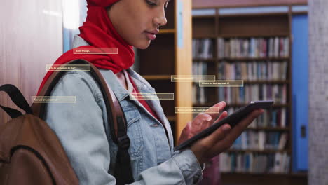 animación de un texto y datos sobre una estudiante biracial en hijab con una tableta