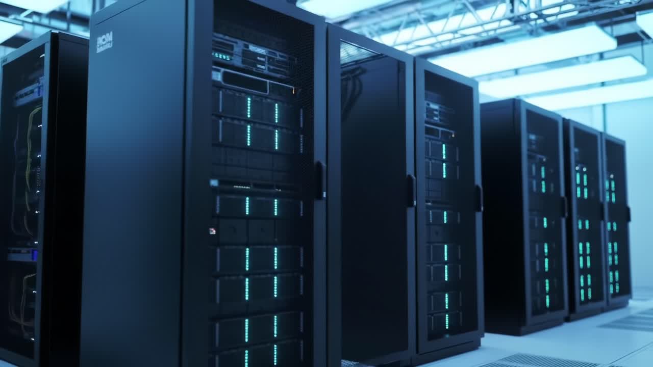 A Modern Data Center Featuring High-Performance Server Racks with Illuminated Indicators, Showcasing Advanced Technology in a Controlled Environment