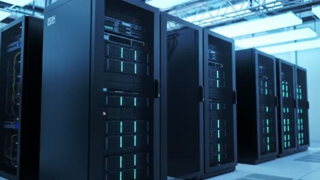 a modern data center featuring high-performance server racks with illuminated indicators, showcasing advanced technology in a controlled environment