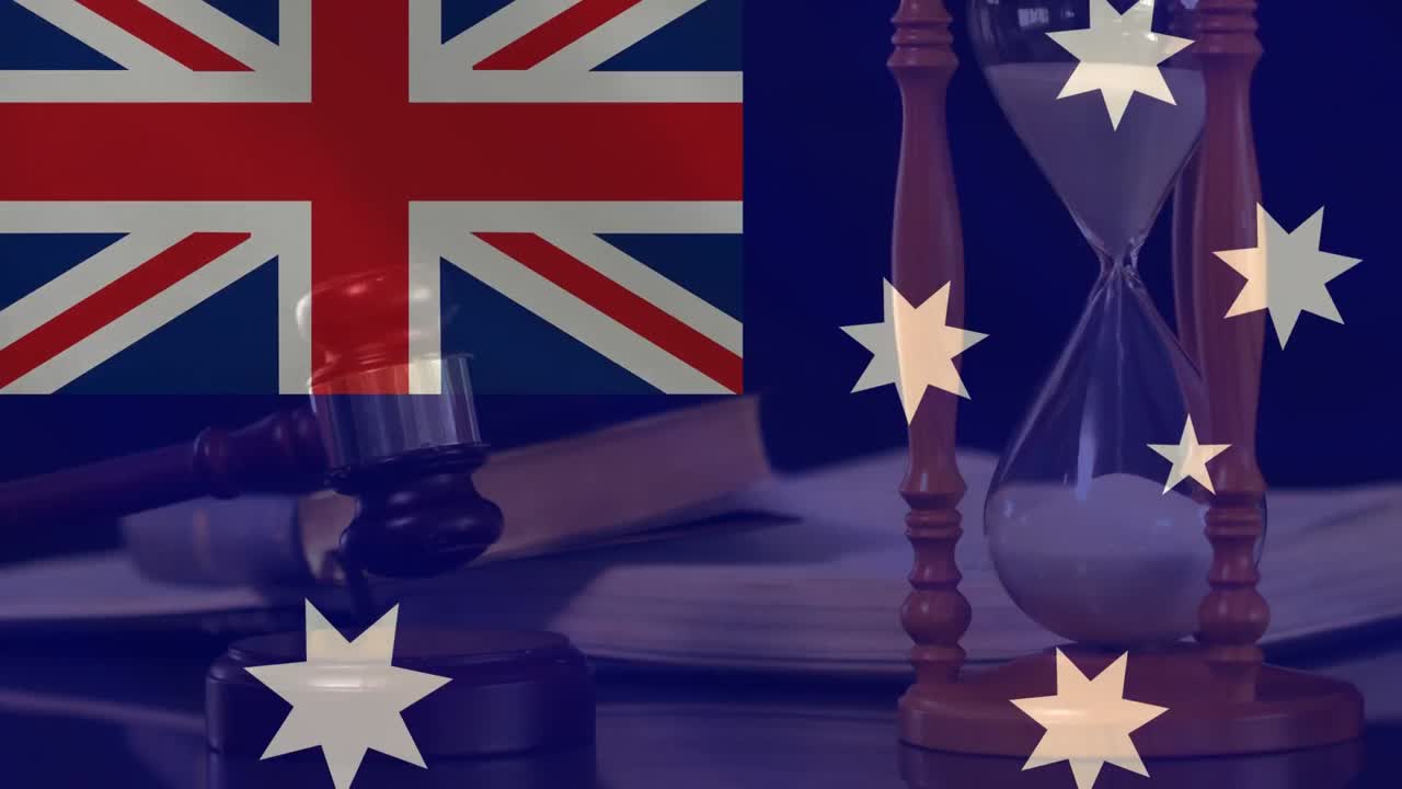 Digitally animation of England Flag, hour glass and gavel 4k