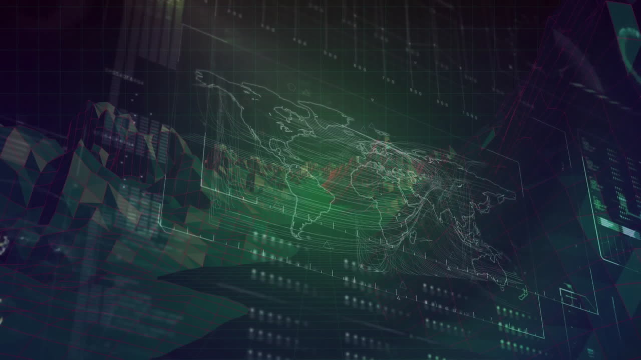 Wireframe world map spinning in dashboard, showing floating data points and grid lines