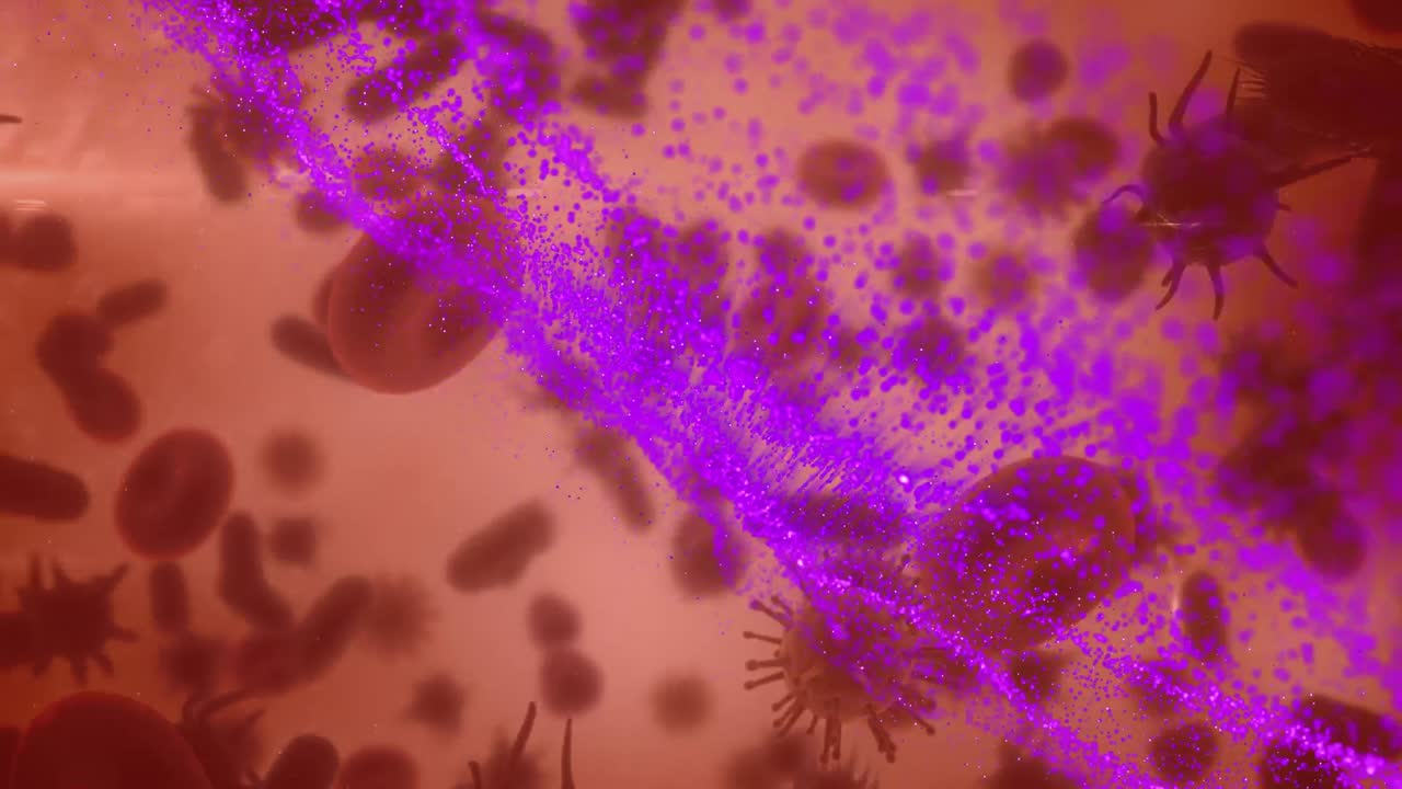 Animation of purple wave over moving cells on red background