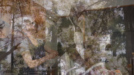 animation of people conversing with tree branches overlay in school setting